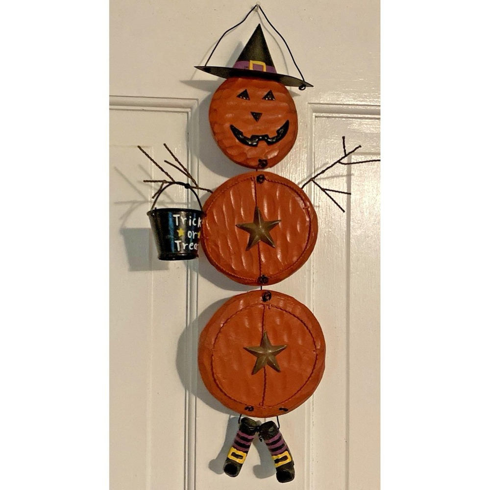 Vintage Primitive Wood Pumpkin Man Jack O'Lantern Witch Prim Folk Hanging 15"